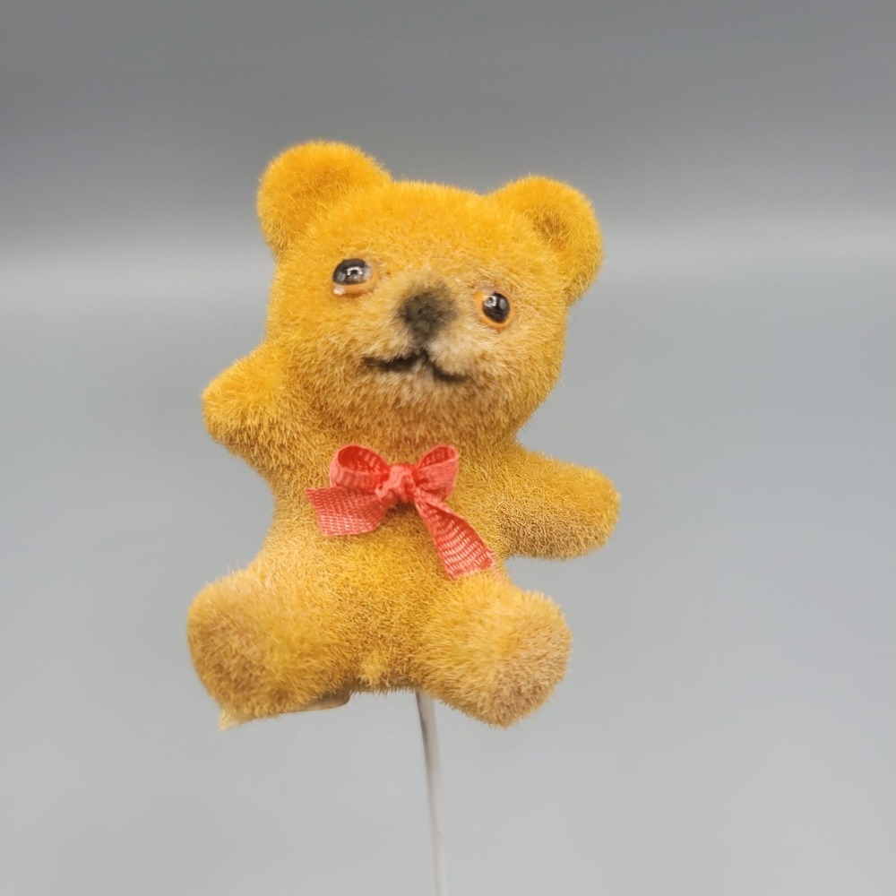 Vintage Flocked Teddy Bear Cake Topper Pick Red Bow Made in Hong Kong